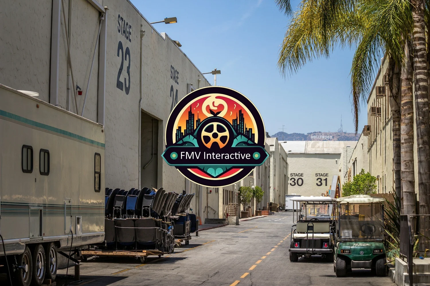 FMV Interactive logo at a Burbank film studio backlot